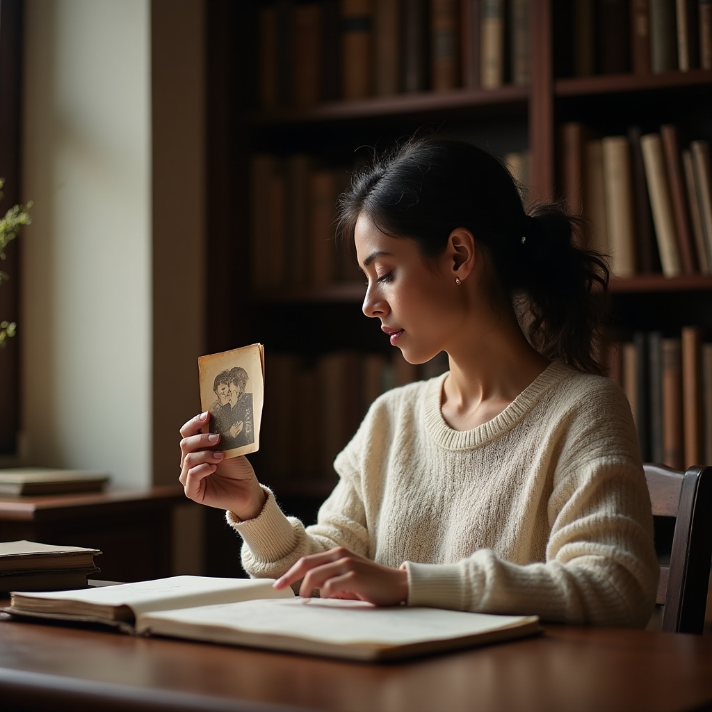Persona adulta observando una fotografía antigua mientras escribe en un cuaderno de reflexión