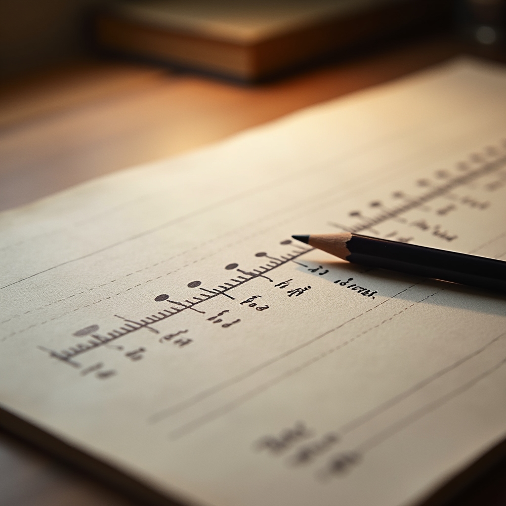 Plantilla de línea de tiempo financiera dibujada a mano sobre papel, con marcas de distintos periodos de vida