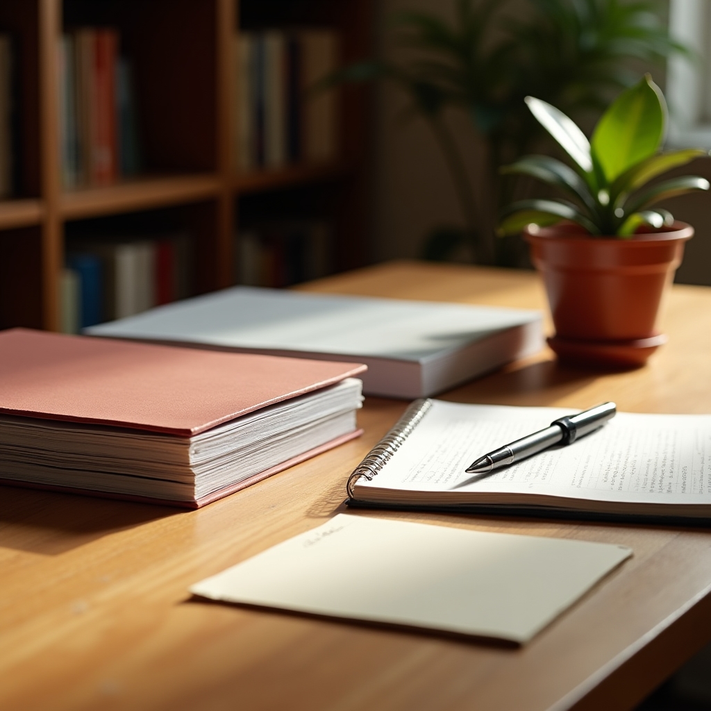 Materiales impresos del curso organizados sobre una mesa de estudio junto a un cuaderno abierto