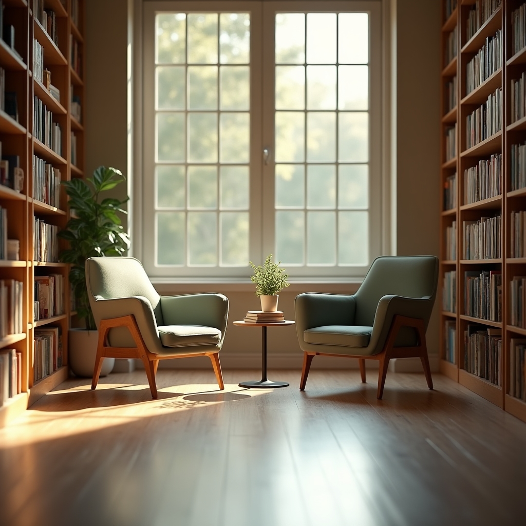 Espacio de recepción sereno con estanterías de libros y luz natural, usado para encuentros informativos