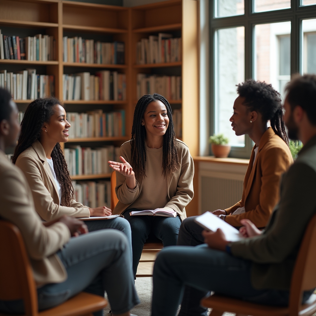 Grupo reducido de personas adultas conversando durante un taller de reflexión sobre hábitos financieros